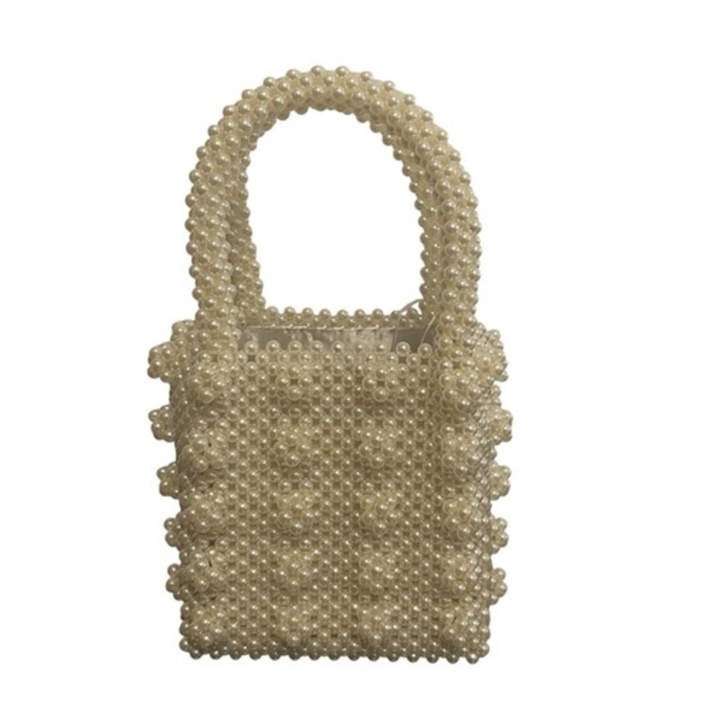 Miuco Cream Faux Pearl Beaded Mini Tote Bag Handheld Evening Purse W Satin Pouch